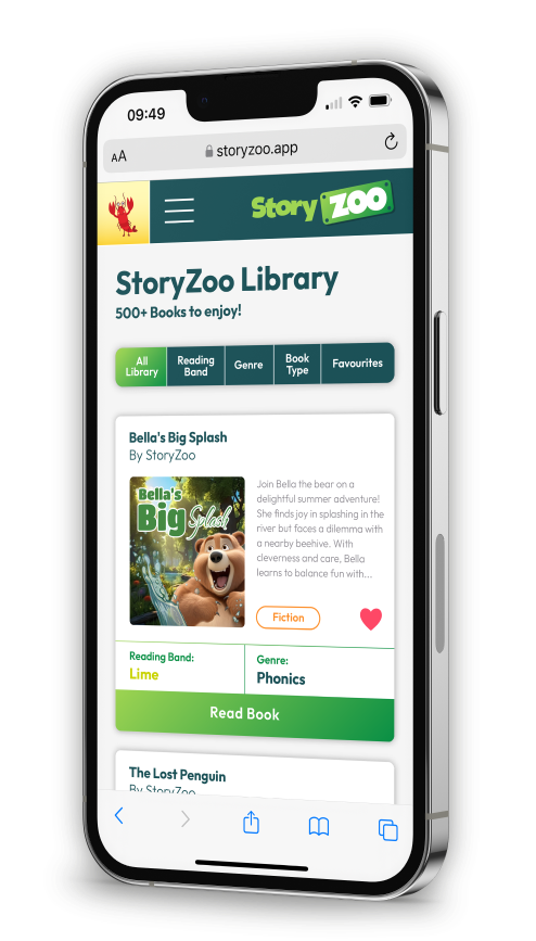 Story Zoo mobile app displaying digital book library with 700+ titles