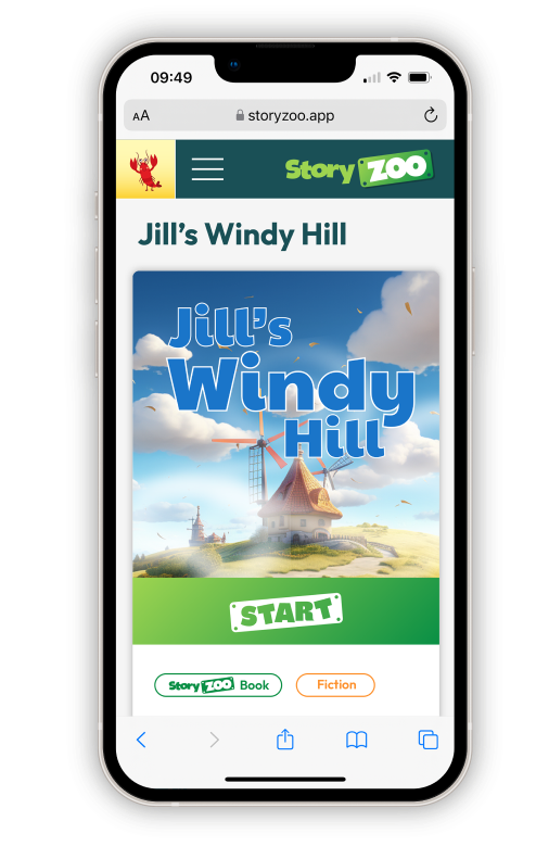 Story Zoo app book preview showing 'Jill's Windy Hill' story on mobile device
