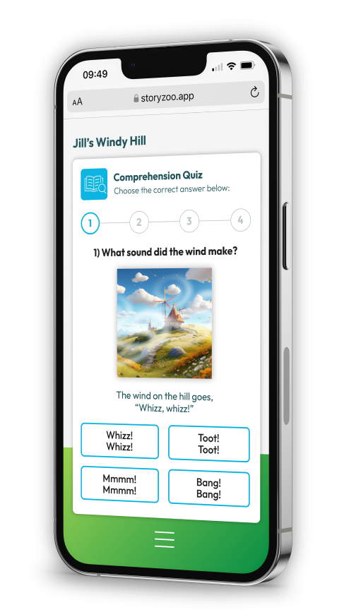 Story Zoo comprehension quiz for 'Jill's Windy Hill' displayed on mobile app