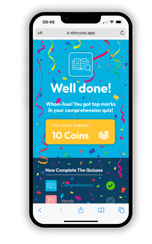 Story Zoo quiz completion screen showing congratulations message and reading achievement