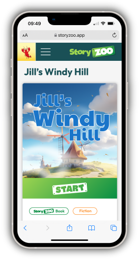 Story Zoo app book preview showing 'Jill's Windy Hill' story on mobile device