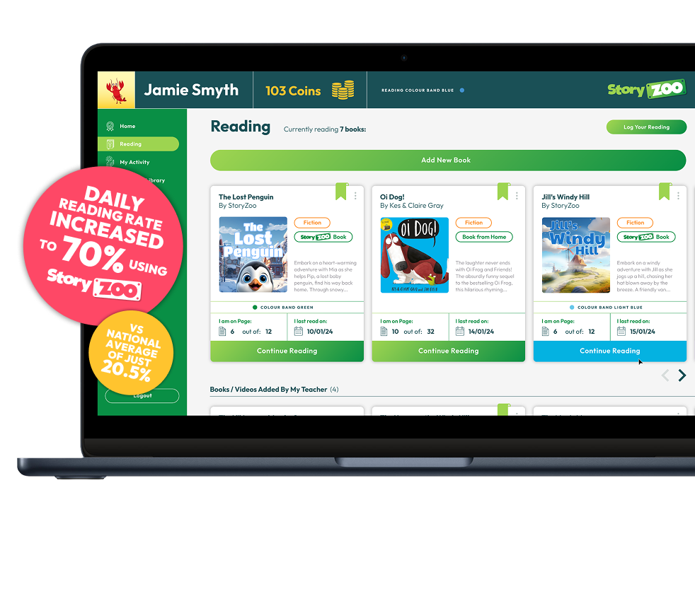 Story Zoo student reading page on laptop with SEND accessibility badge highlighting inclusive features