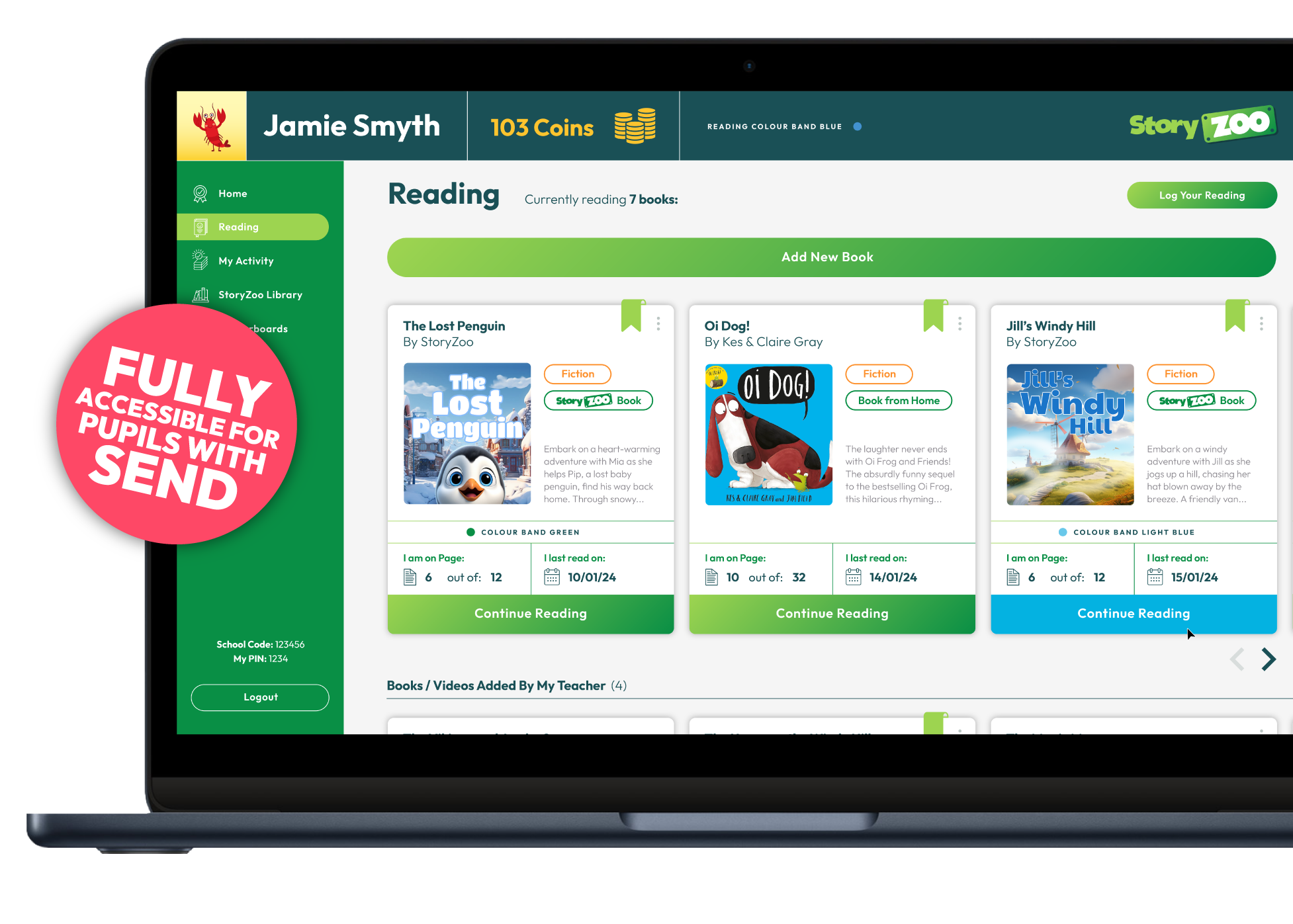 Story Zoo student reading page on laptop with SEND accessibility badge highlighting inclusive features