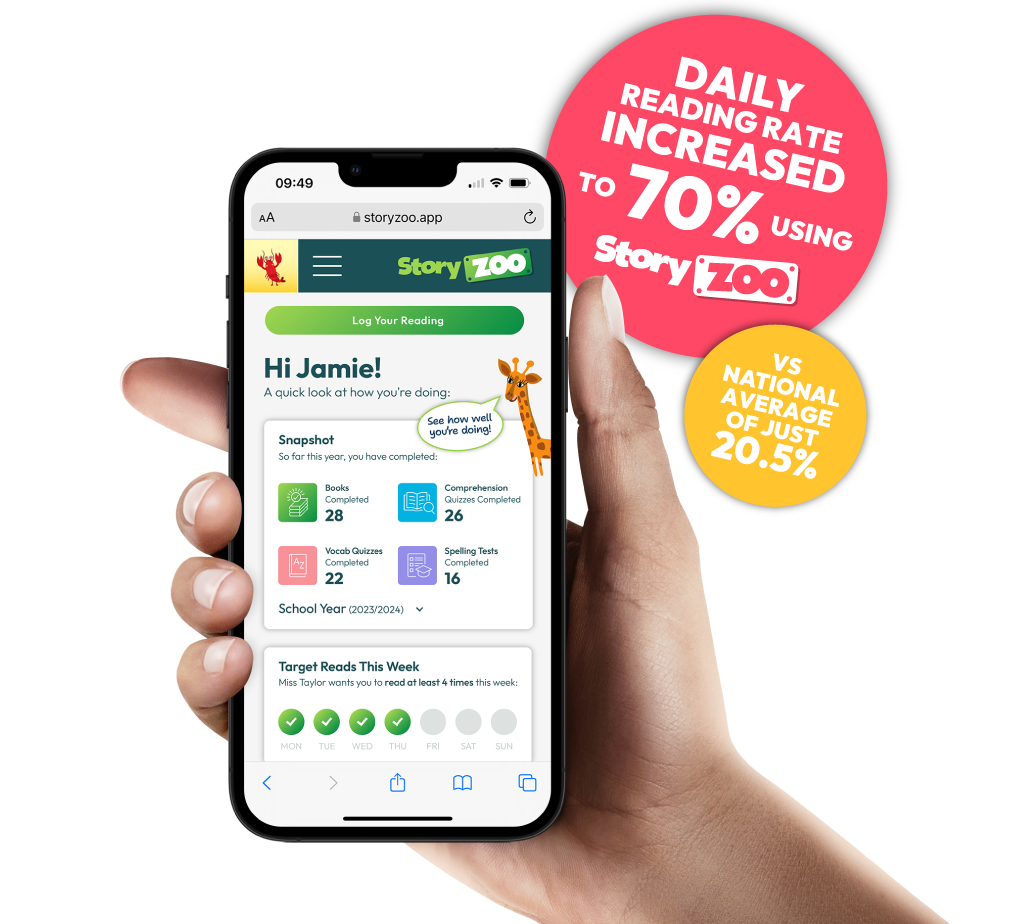 Story Zoo app on mobile showing 70% daily reading rate compared to 20.5% national average