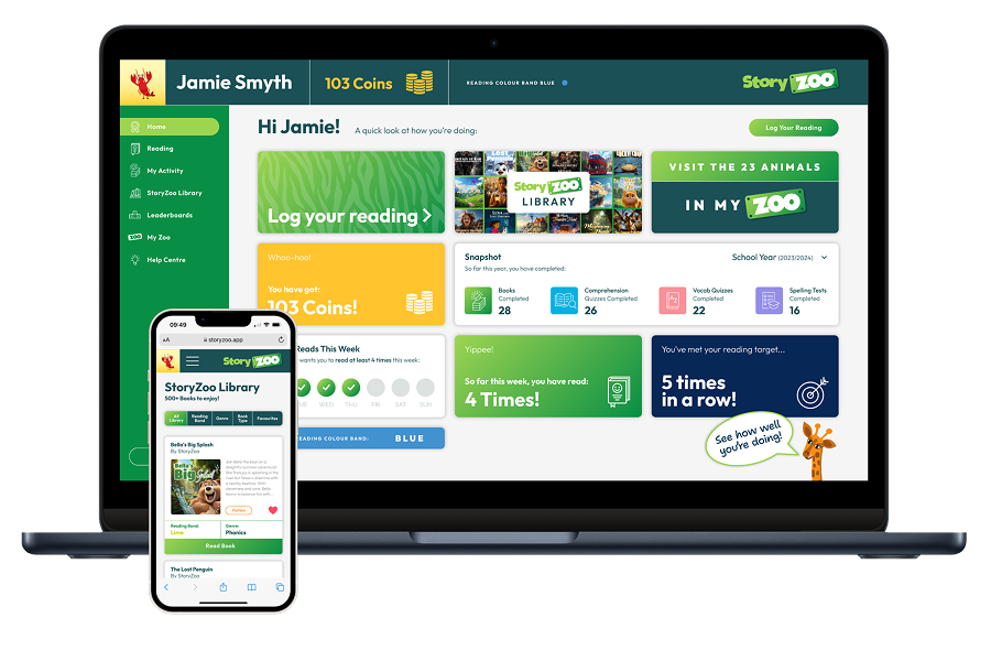 Story Zoo digital reading platform displayed on laptop and mobile showing student dashboard and book library